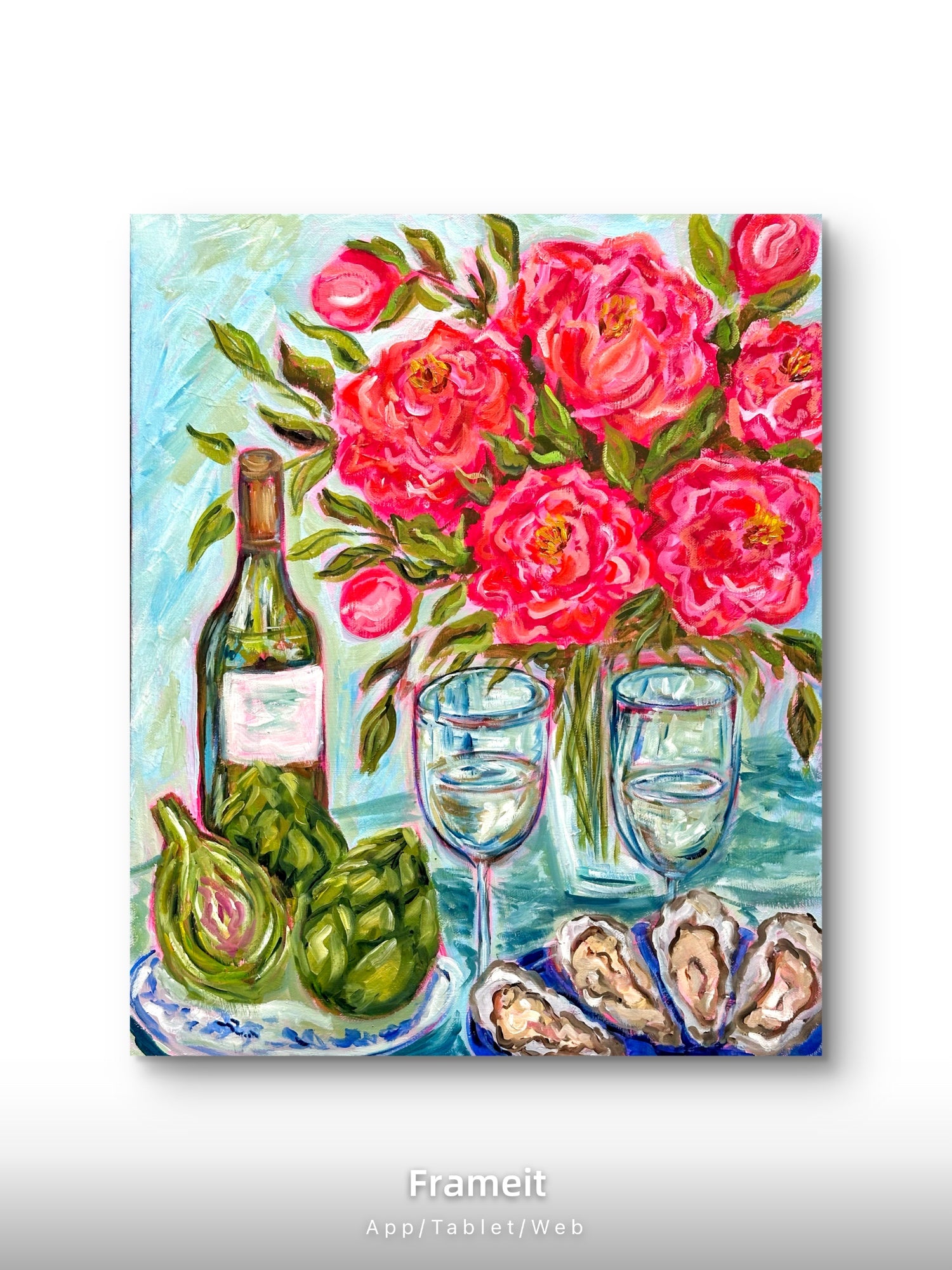 Vibrant Peony Wine Still Life Painting | Oysters, Artichokes, Floral Kitchen Wall Art