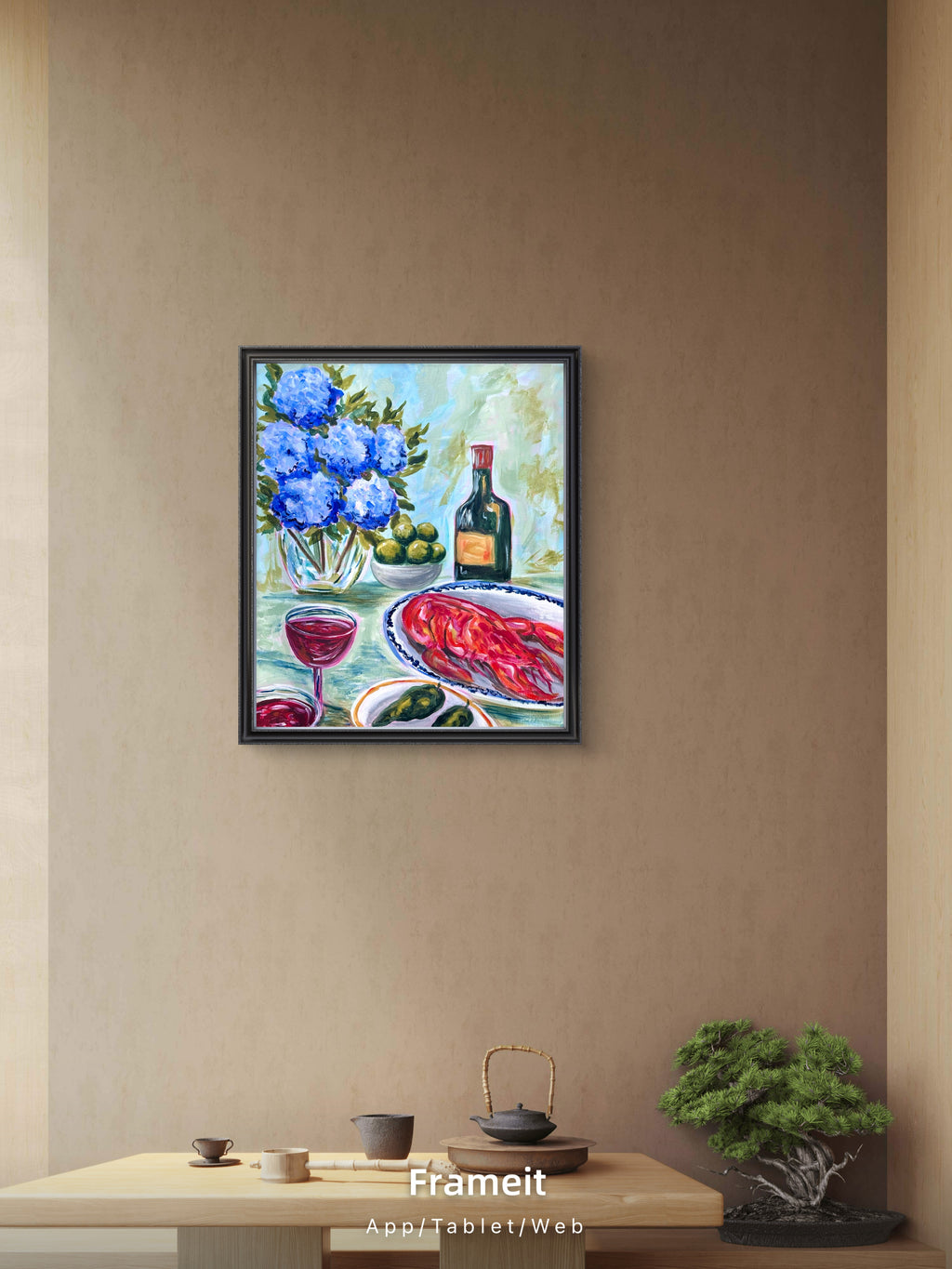 Blue Hydrangea & Lobster Still Life | Bold Colourful Acrylic Painting | Coastal Kitchen Art | Original Artwork