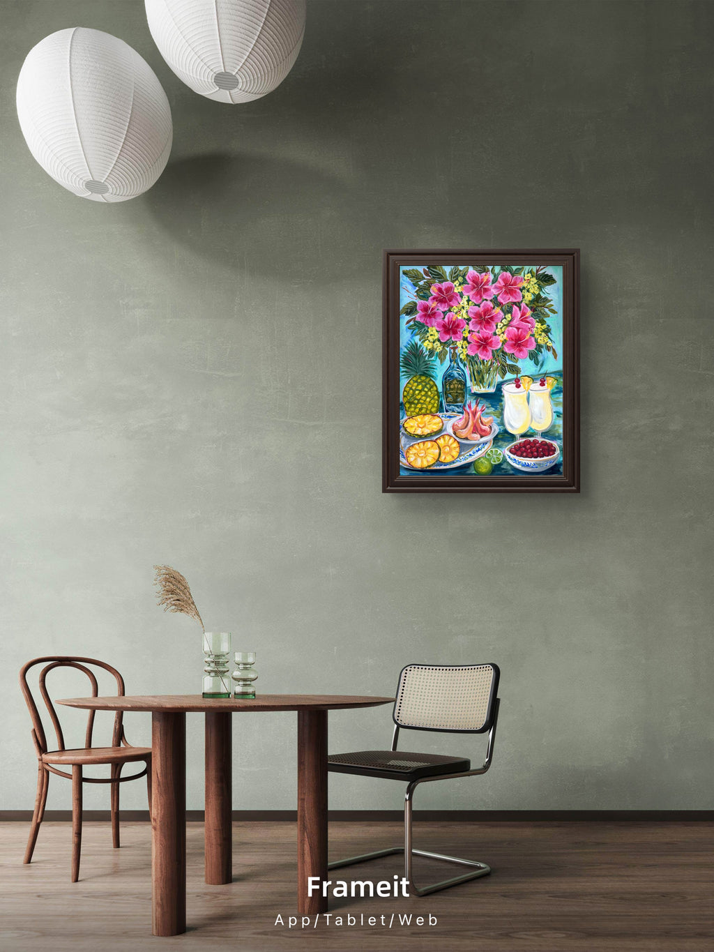 Tropical Hibiscus & Pina colada Still Life Painting - Colorful Fruit Cocktail Art