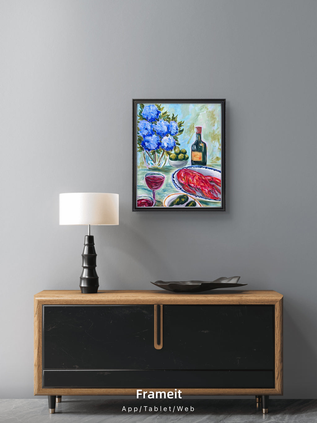 Blue Hydrangea & Lobster Still Life | Bold Colourful Acrylic Painting | Coastal Kitchen Art | Original Artwork