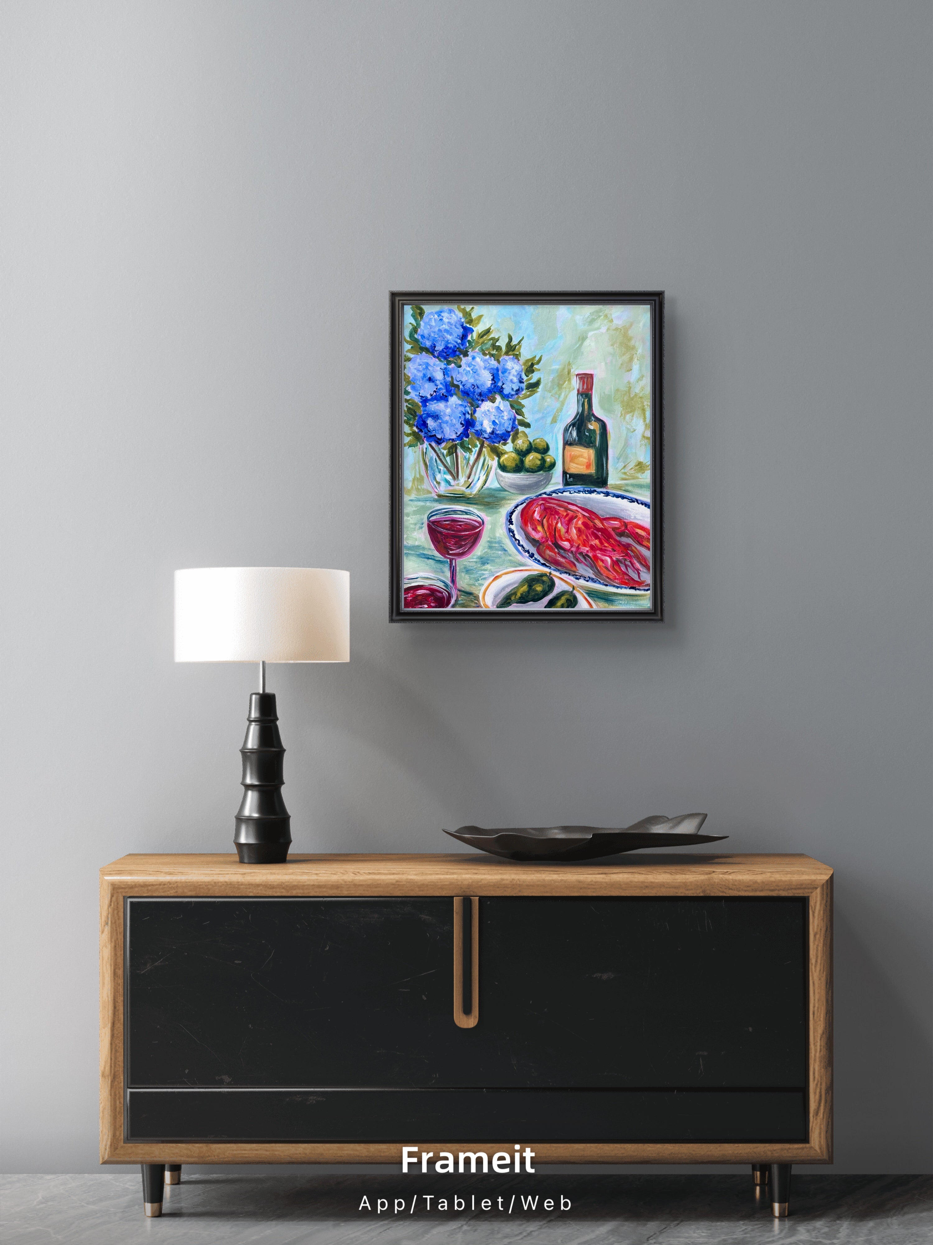 Blue Hydrangea & Lobster Still Life | Bold Colourful Acrylic Painting | Coastal Kitchen Art | Original Artwork