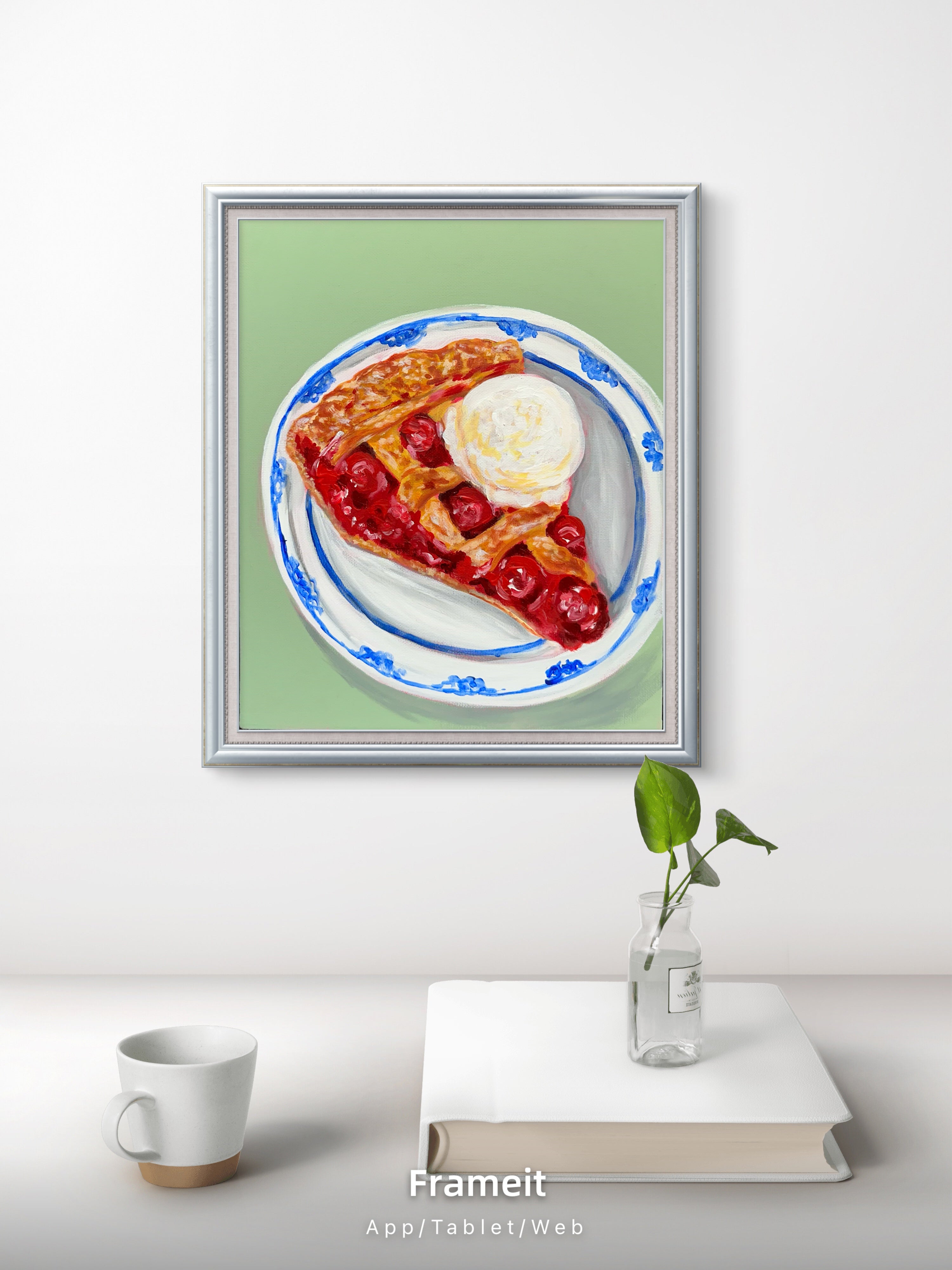 Original Cherry Pie Ice Cream Painting | Mixed Media Dessert Food Art