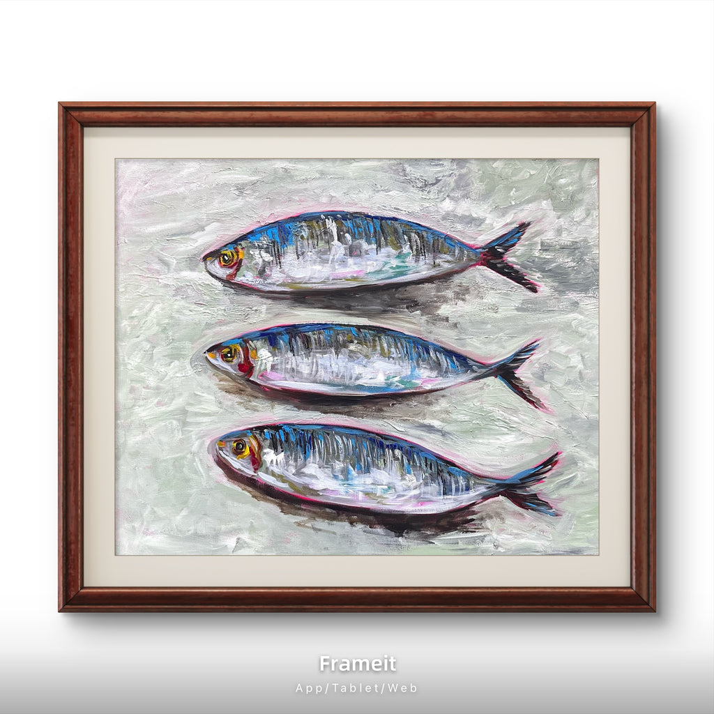 Three Sardines Original Acrylic Painting | Colourful Fish Art | Kitchen Wall Art | Textured Impasto Artwork