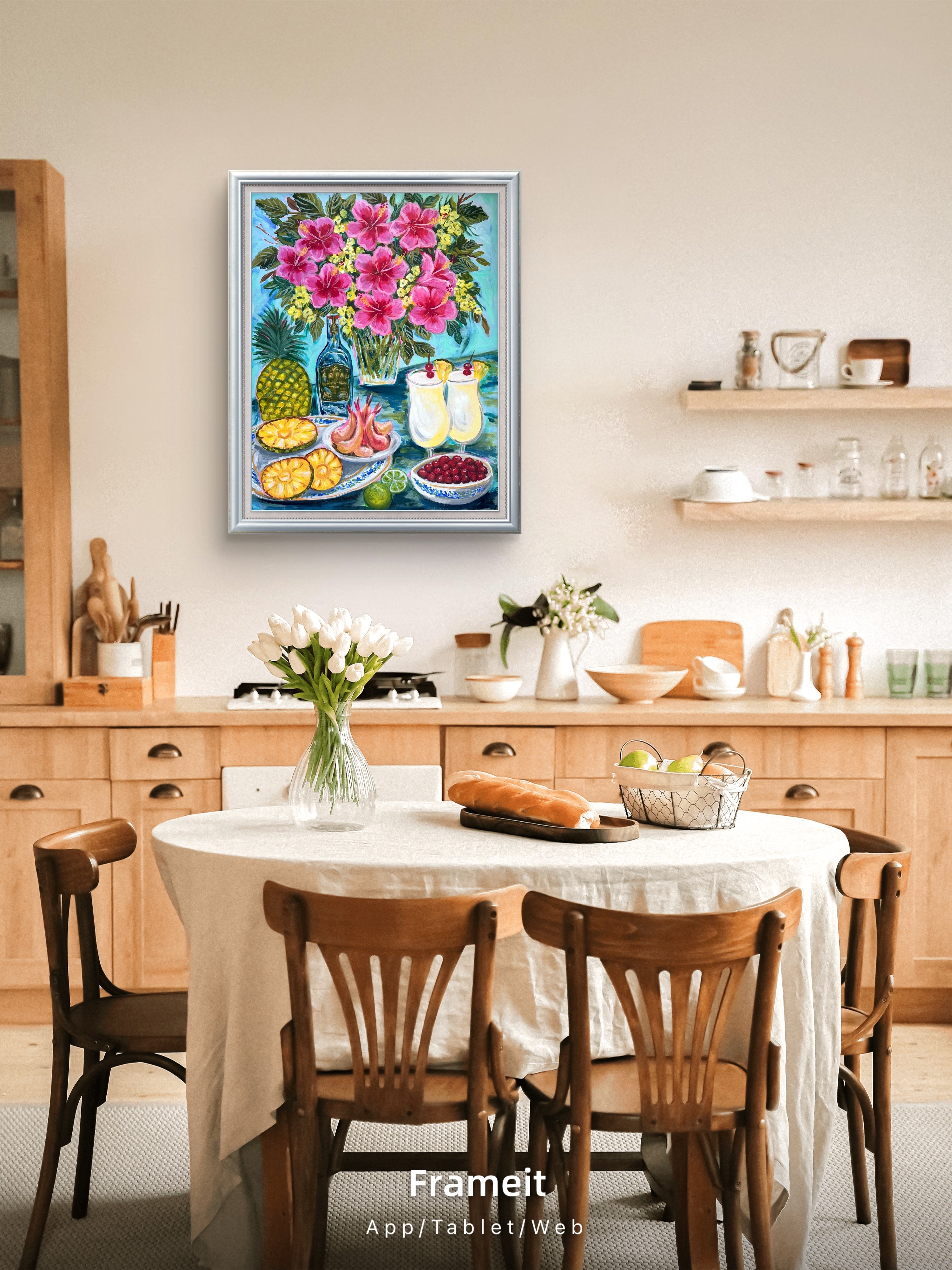 Tropical Hibiscus & Pina colada Still Life Painting - Colorful Fruit Cocktail Art