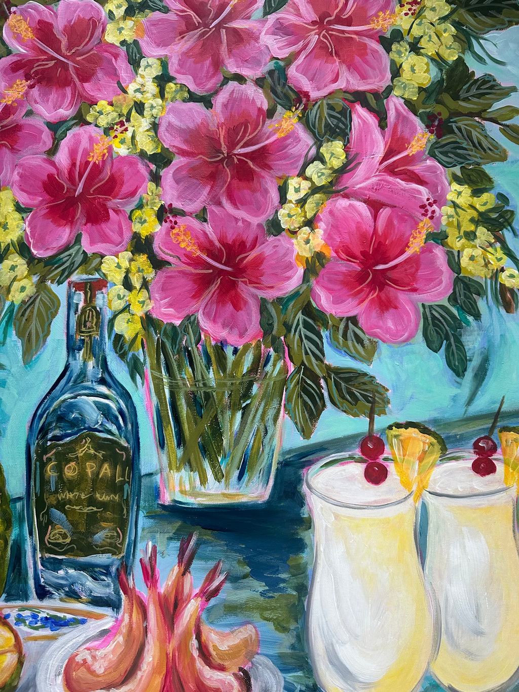 Tropical Hibiscus & Pina colada Still Life Painting - Colorful Fruit Cocktail Art
