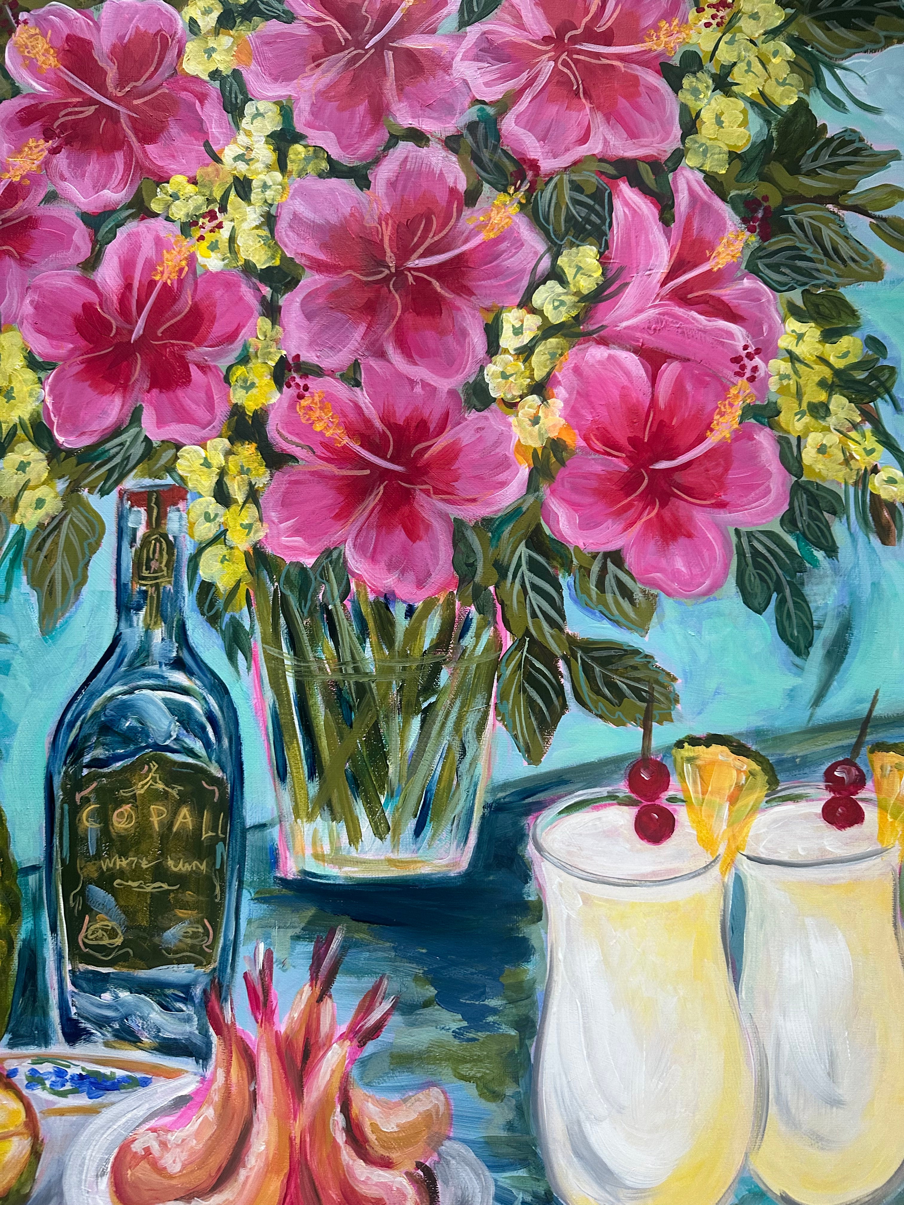 Tropical Hibiscus & Pina colada Still Life Painting - Colorful Fruit Cocktail Art