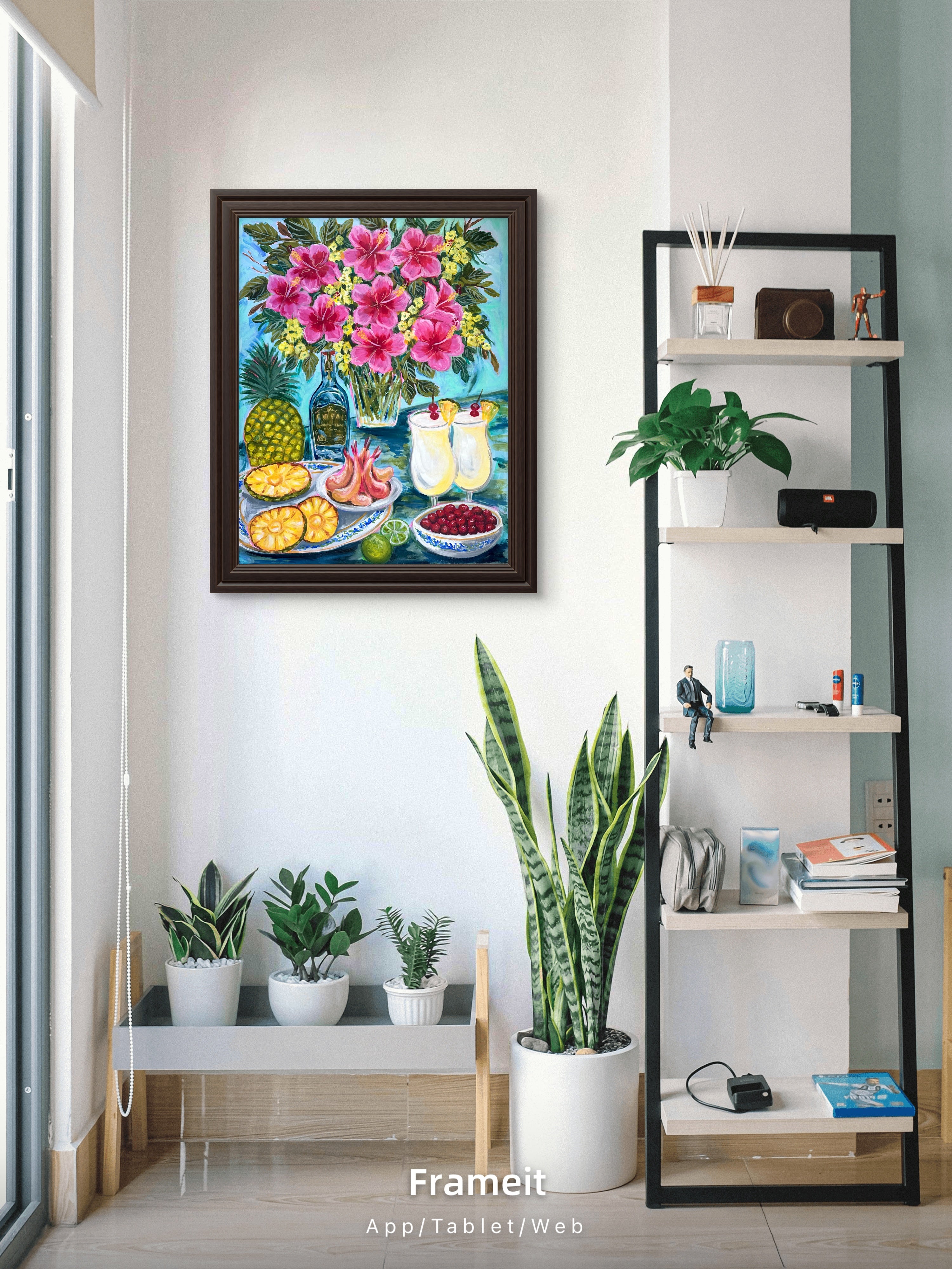 Tropical Hibiscus & Pina colada Still Life Painting - Colorful Fruit Cocktail Art
